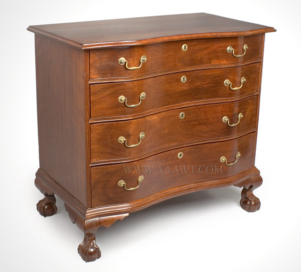 Chippendale Chest of Drawers, Reverse Serpentine, Ball & Claw Feet
Probably North Shore, Massachusetts
1760 to 1780
Birch and eastern white pine, mahoganized surface, angle view